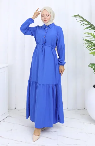فستان بأزرار وخصر مربوط 0127-05 أزرق 0127-05