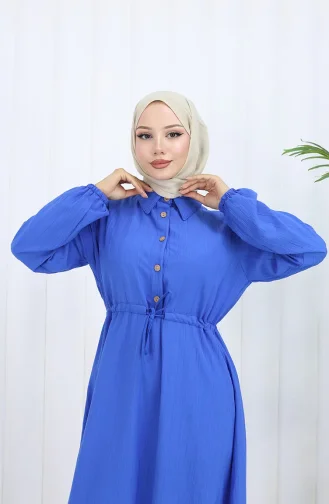 فستان بأزرار وخصر مربوط 0127-05 أزرق 0127-05