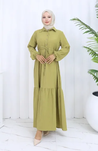Beli Bağcıklı Düğmeli Elbise 0127-06 Yağ Yeşili