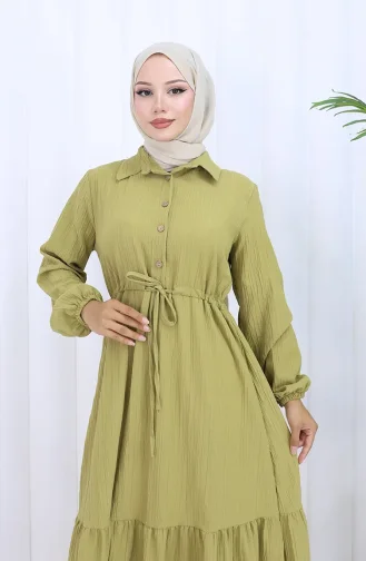 Beli Bağcıklı Düğmeli Elbise 0127-06 Yağ Yeşili