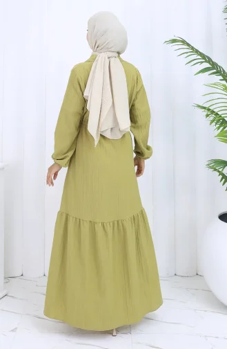 Beli Bağcıklı Düğmeli Elbise 0127-06 Yağ Yeşili
