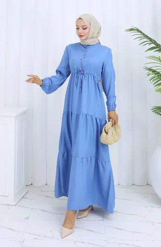 Beli Bağcıklı Düğmeli Elbise 0128-02 Açık Mavi