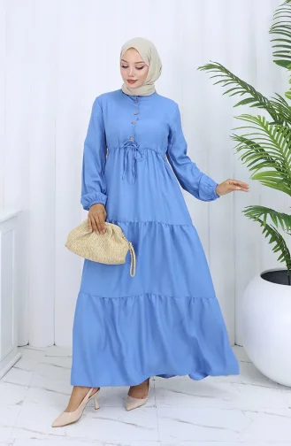 Beli Bağcıklı Düğmeli Elbise 0128-02 Açık Mavi
