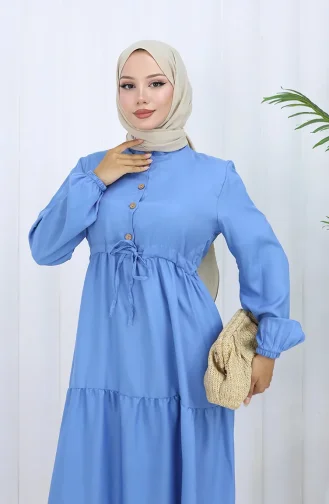 Beli Bağcıklı Düğmeli Elbise 0128-02 Açık Mavi