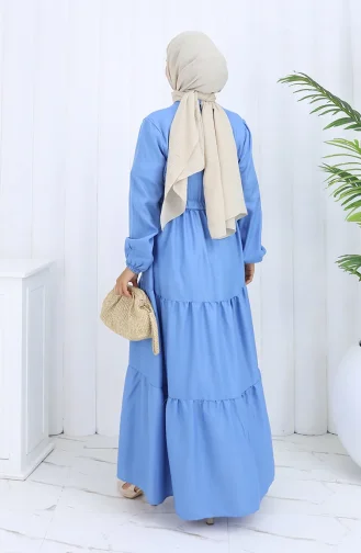 Beli Bağcıklı Düğmeli Elbise 0128-02 Açık Mavi