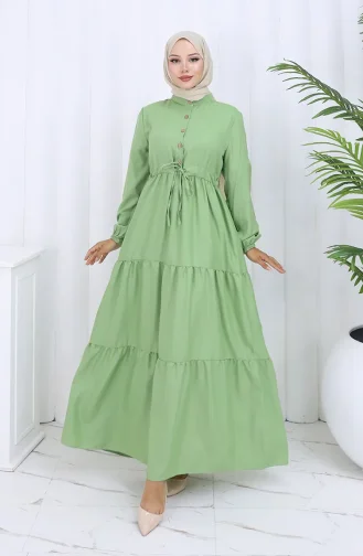 فستان بأزرار وخصر مربوط 0128-04 أخضر عشبي 0128-04