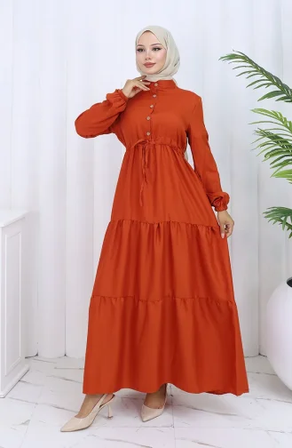 Beli Bağcıklı Düğmeli Elbise 0128-05 Kiremit