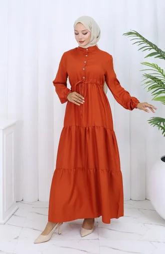 Beli Bağcıklı Düğmeli Elbise 0128-05 Kiremit