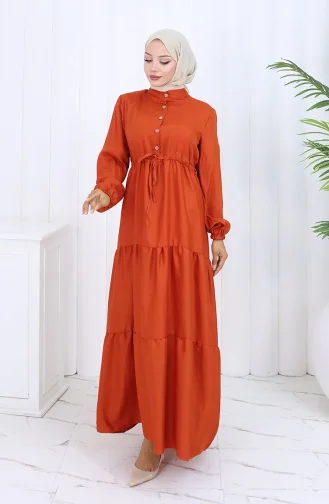 Beli Bağcıklı Düğmeli Elbise 0128-05 Kiremit