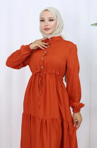 Beli Bağcıklı Düğmeli Elbise 0128-05 Kiremit