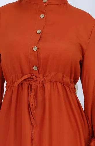 Beli Bağcıklı Düğmeli Elbise 0128-05 Kiremit