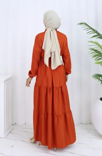 Beli Bağcıklı Düğmeli Elbise 0128-05 Kiremit