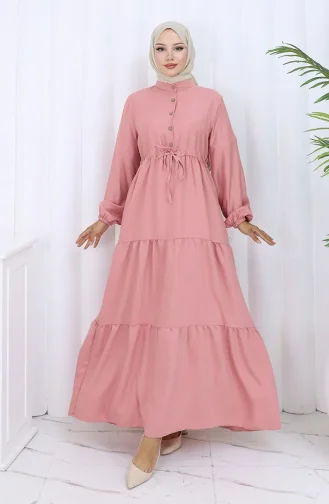 Beli Bağcıklı Düğmeli Elbise 0128-06 Gül Kurusu