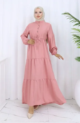 Beli Bağcıklı Düğmeli Elbise 0128-06 Gül Kurusu