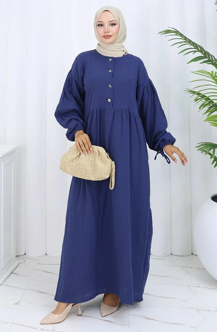 Robe Boutonnée à Manches élastiques 2111-02 Bleu Marine 2111-02