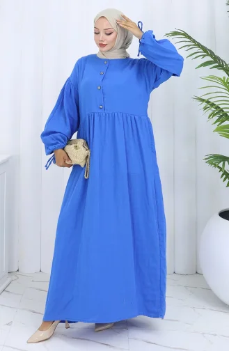 Buttoned Dress With Elastic Sleeves 2111-03 Blue 2111-03