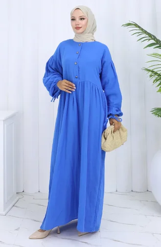 Buttoned Dress With Elastic Sleeves 2111-03 Blue 2111-03