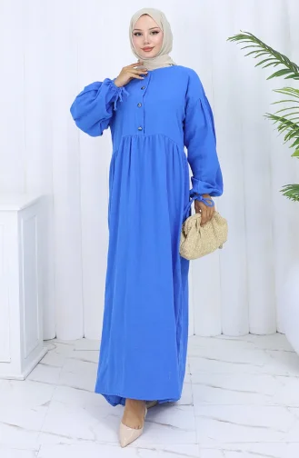 Buttoned Dress With Elastic Sleeves 2111-03 Blue 2111-03