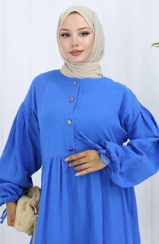 Buttoned Dress With Elastic Sleeves 2111-03 Blue 2111-03