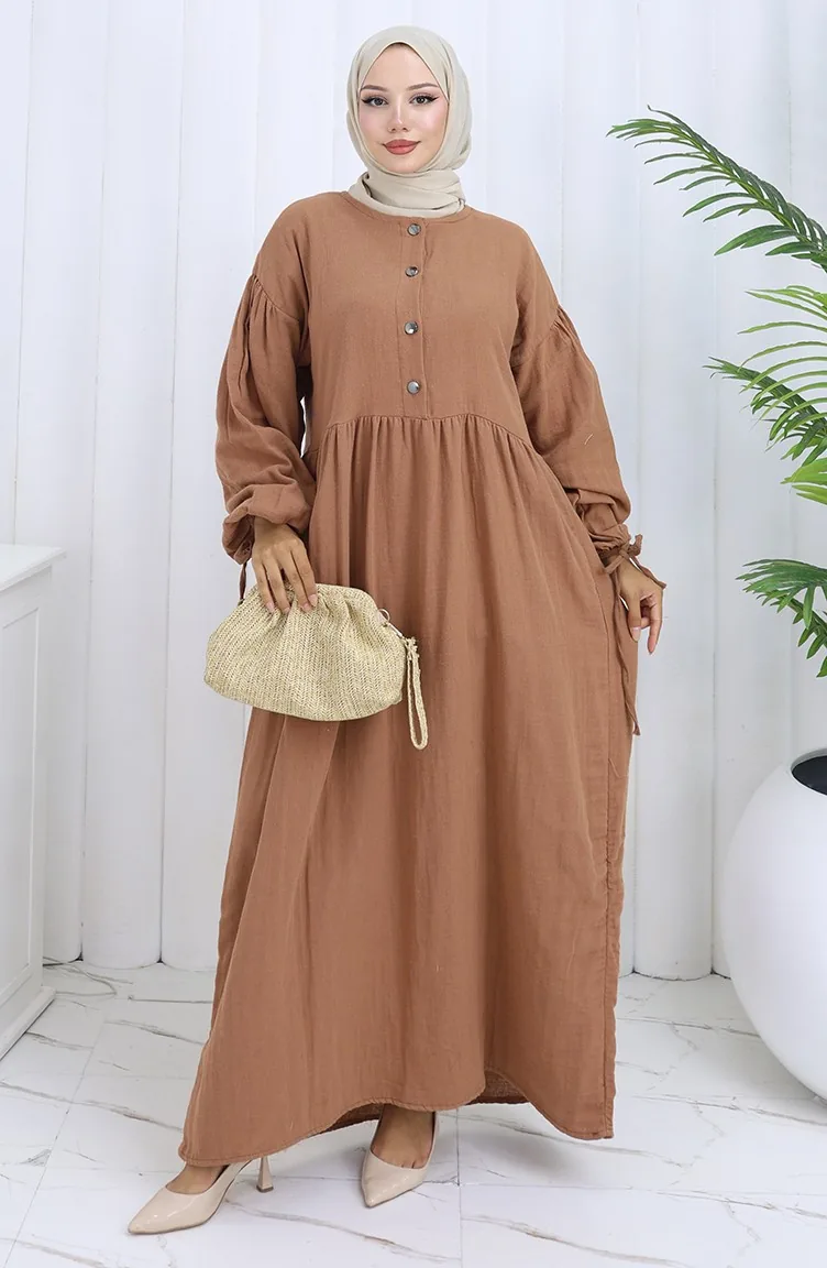 Buttoned Dress With Elastic Sleeves 2111-04 Milk Coffee 2111-04