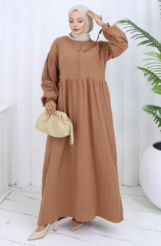 Buttoned Dress With Elastic Sleeves 2111-04 Milk Coffee 2111-04