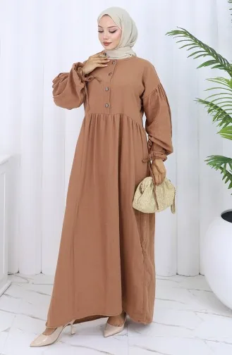 Buttoned Dress With Elastic Sleeves 2111-04 Milk Coffee 2111-04