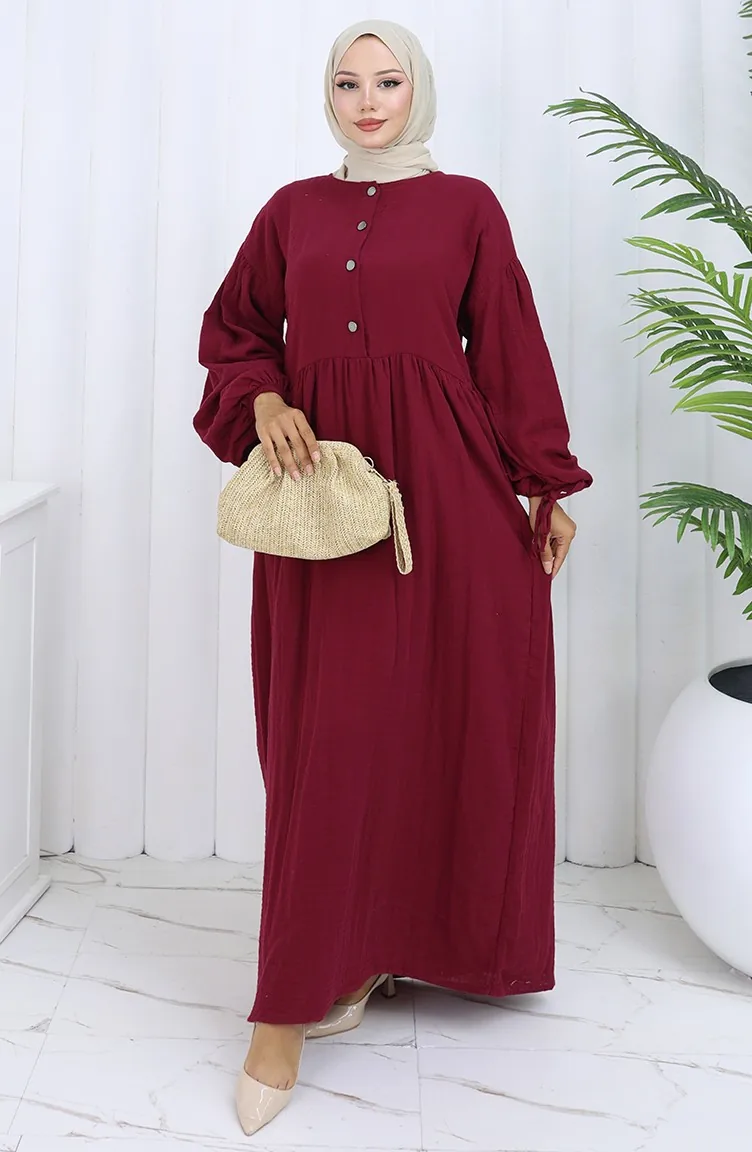 Kleid Mit Elastischen Ärmeln Und Knöpfen 2111-05 Kirsche 2111-05