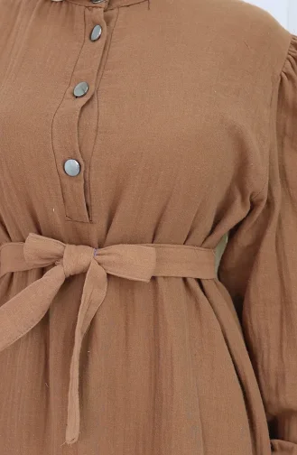 Robe Ceinturée à Manches élastiquées 2112-01 Marron 2112-01