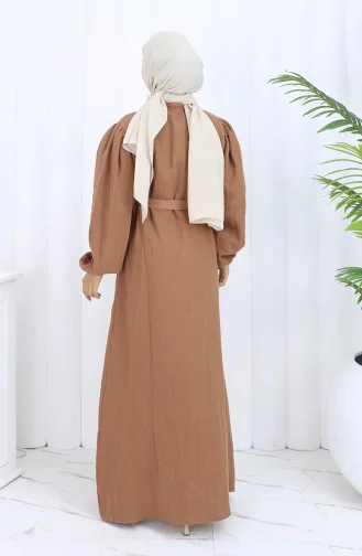 Robe Ceinturée à Manches élastiquées 2112-01 Marron 2112-01