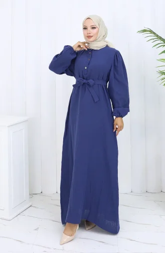 Robe Ceinturée à Manches élastiquées 2112-02 Bleu Marine 2112-02
