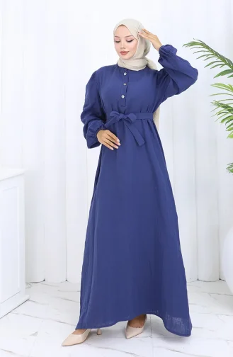 Robe Ceinturée à Manches élastiquées 2112-02 Bleu Marine 2112-02