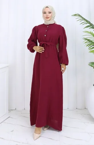 Kleid Mit Elastischen Ärmeln Und Gürtel 2112-06 Weinrot 2112-06