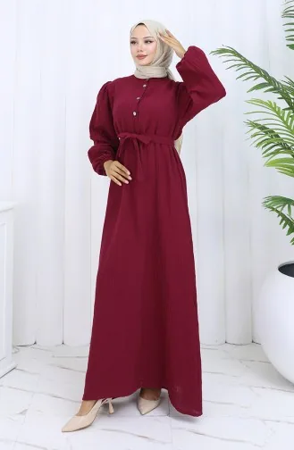 Kleid Mit Elastischen Ärmeln Und Gürtel 2112-06 Weinrot 2112-06