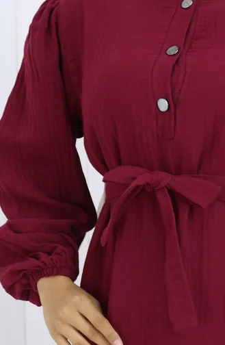 Kleid Mit Elastischen Ärmeln Und Gürtel 2112-06 Weinrot 2112-06