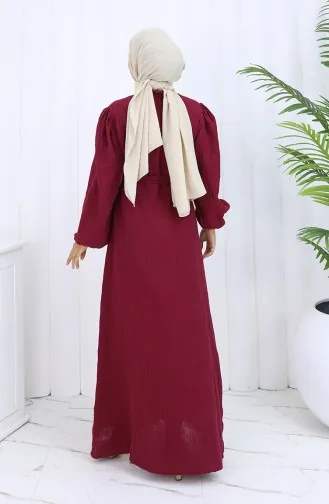 Kleid Mit Elastischen Ärmeln Und Gürtel 2112-06 Weinrot 2112-06