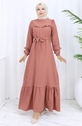 فستان بحزام مكشكش 2116-01 بلون البصل 2116-01