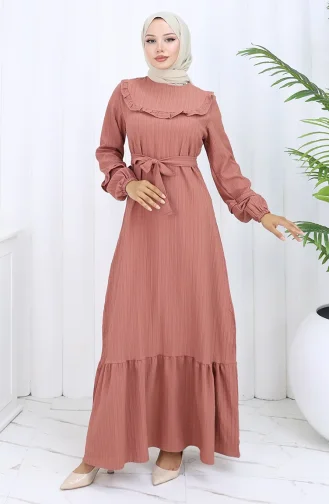 فستان بحزام مكشكش 2116-01 بلون البصل 2116-01