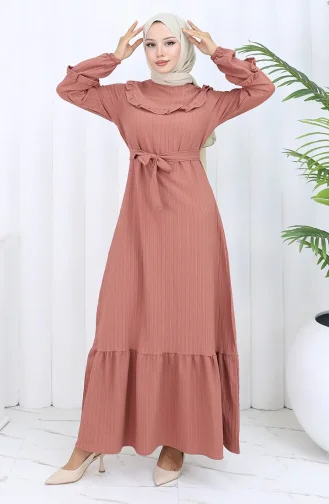 فستان بحزام مكشكش 2116-01 بلون البصل 2116-01