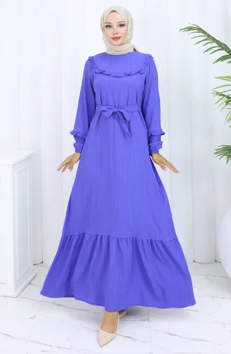 Fırfırlı Kuşaklı Elbise 2116-02 Saks