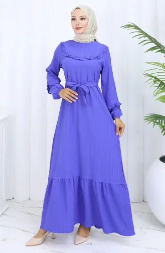 Fırfırlı Kuşaklı Elbise 2116-02 Saks