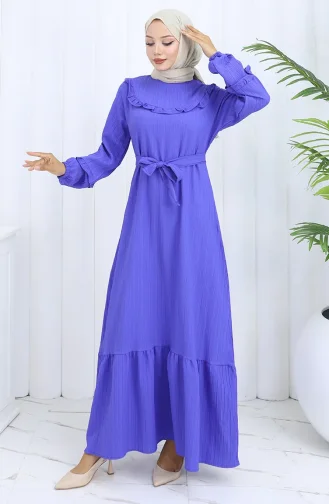 Fırfırlı Kuşaklı Elbise 2116-02 Saks