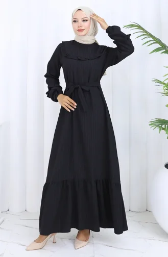فستان بحزام مكشكش 2116-04 أسود 2116-04