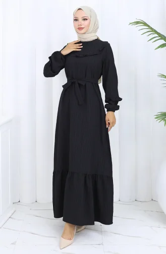 فستان بحزام مكشكش 2116-04 أسود 2116-04