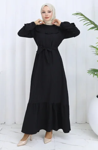 فستان بحزام مكشكش 2116-04 أسود 2116-04