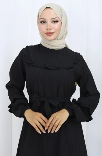 فستان بحزام مكشكش 2116-04 أسود 2116-04