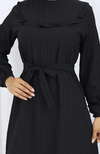 فستان بحزام مكشكش 2116-04 أسود 2116-04