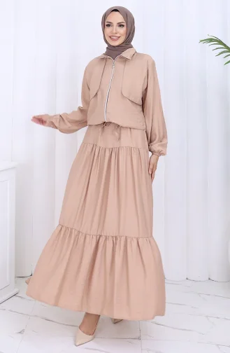 Kolu Lastikli Fermuarlı İkili Takım 0129-08 Koyu Bej