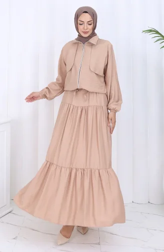 Kolu Lastikli Fermuarlı İkili Takım 0129-08 Koyu Bej