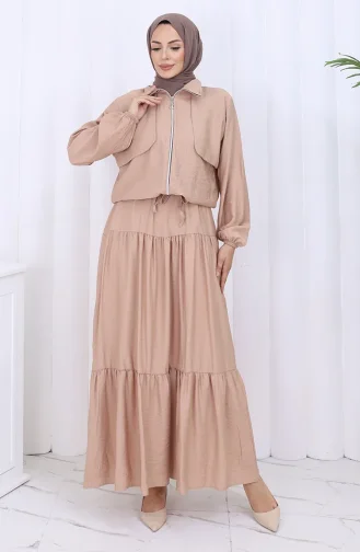 Kolu Lastikli Fermuarlı İkili Takım 0129-08 Koyu Bej