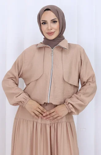 Kolu Lastikli Fermuarlı İkili Takım 0129-08 Koyu Bej